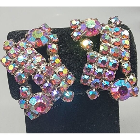 Alice Caviness Multi-Colored Aurora Borealis Clip On Earrings VTG Unsigned - Picture 3 of 13